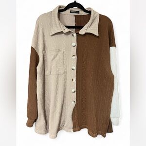 SHEIN Curve Cable Knit Button-Up Long Sleeve in Cream and Brown - Size 1XL